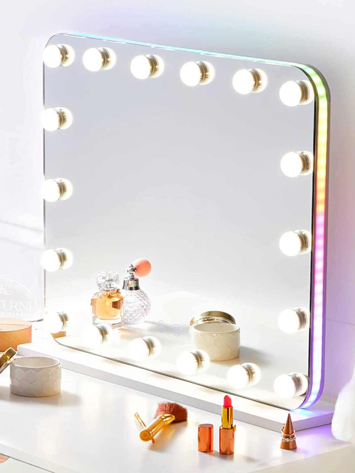 LUXFURNI | Tabletop Hollywood Vanity Mirror | Table Top | White | RGB LED Lights | Bloom