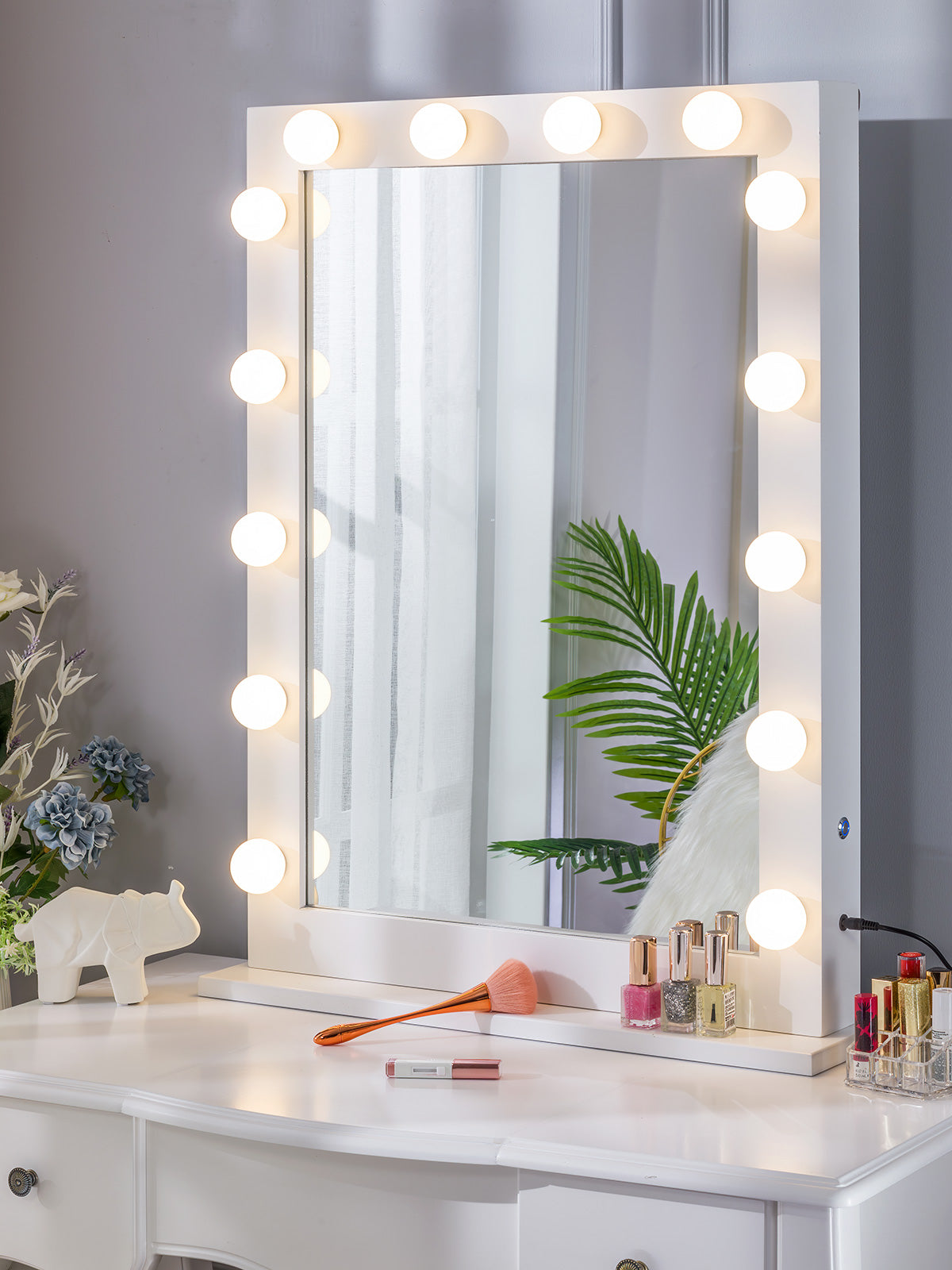 LUXFURNI Large Hollywood Vanity Mirror with 14 LED Lights Tabletop Wall Mount White, Size: 25.20 x 7.10 x 32.30