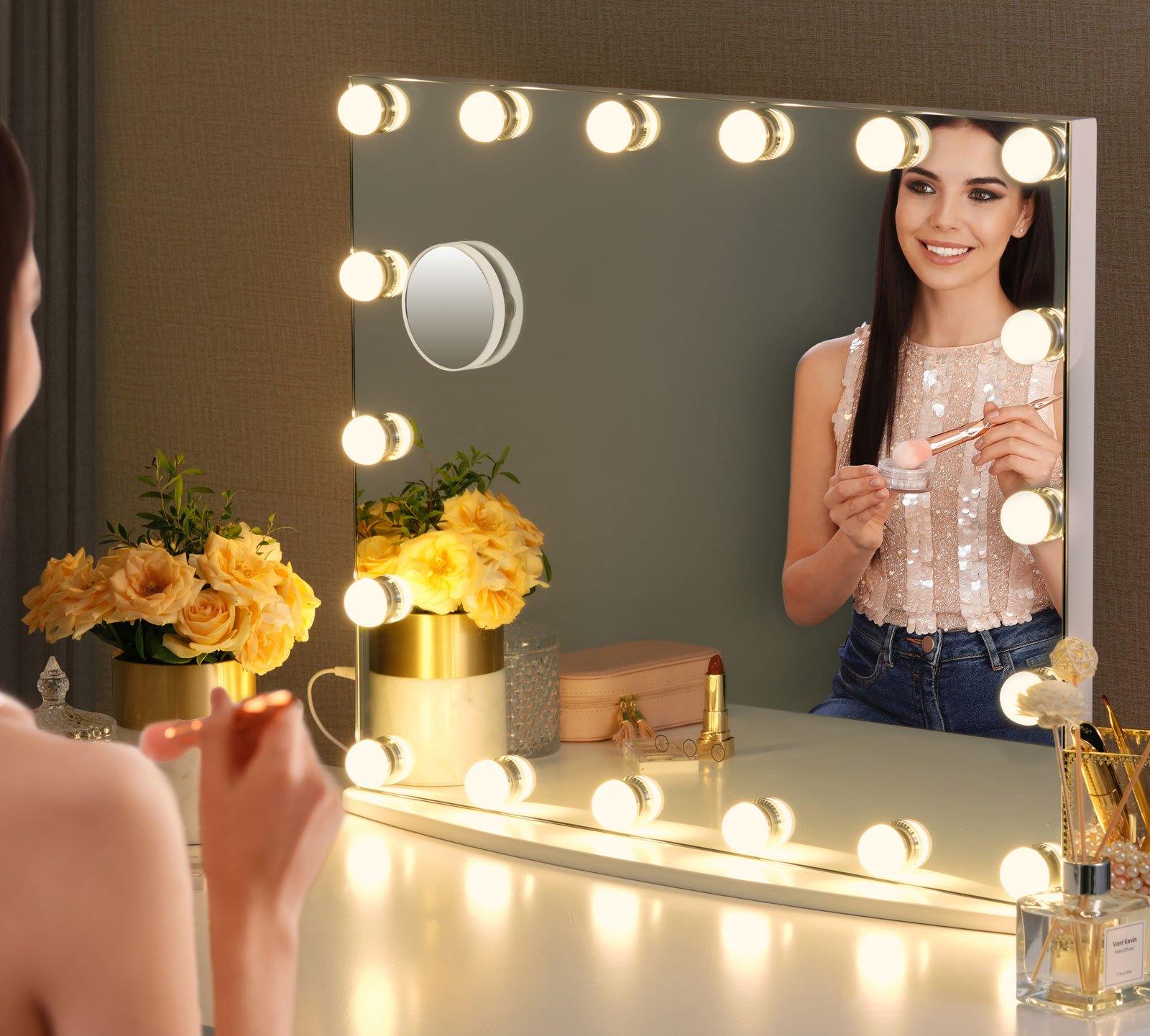 LUXFURNI Vanity Mirror with Makeup Lights, Large Hollywood Light Up Mirrors w/ 18 LED Bulbs for Bedroom Tabletop & Wall Mounted, White